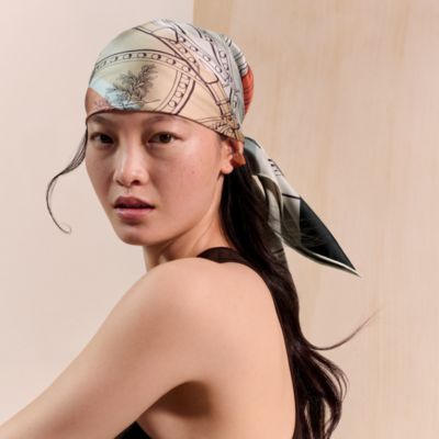 Guepards Bandana embroidered scarf 90 - Brown | Hermès